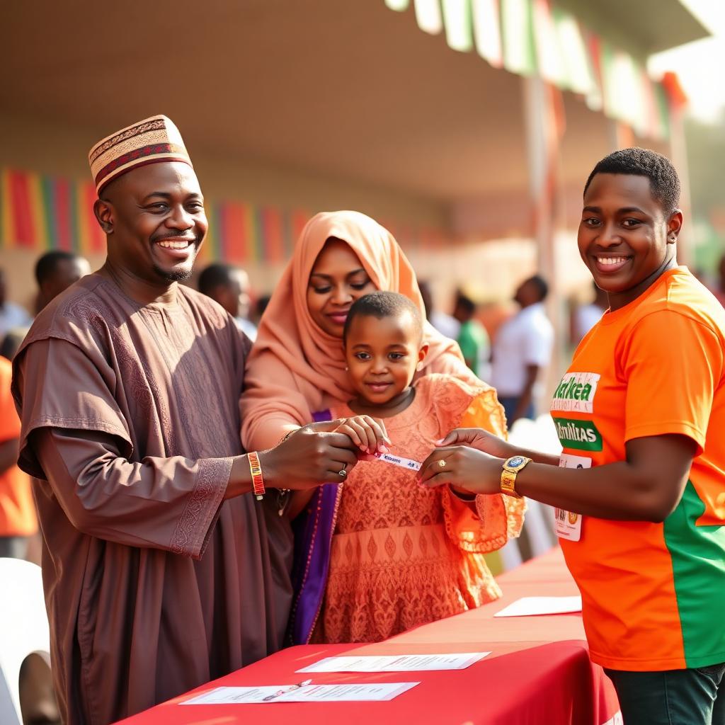 Nigerian family receiving event wristbands from volunteers