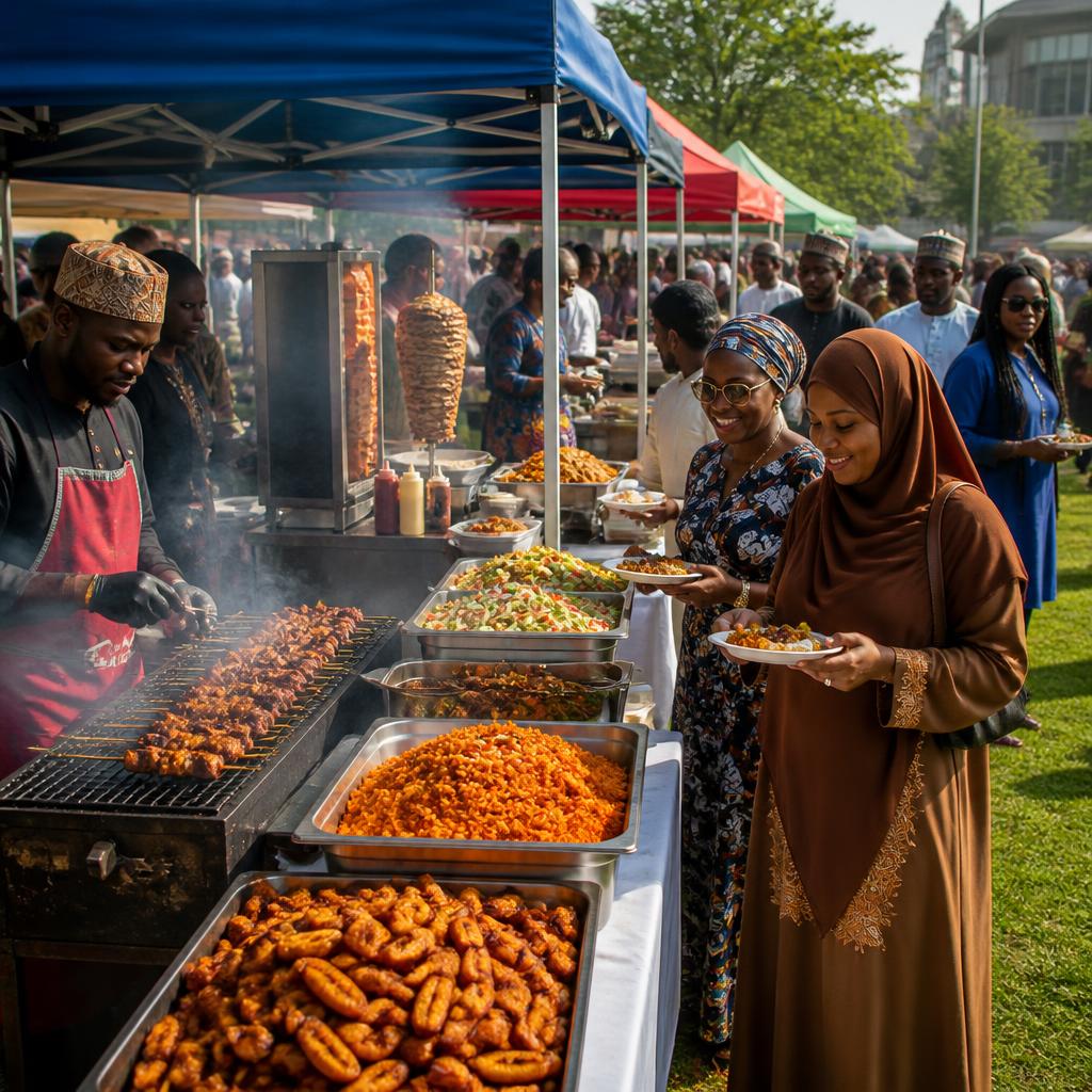 Nigerian food stalls serving suya, jollof rice and plantain