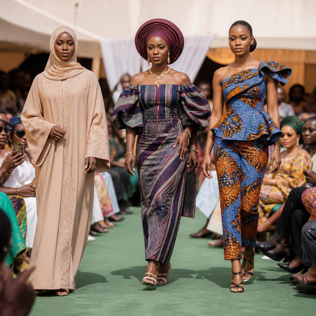 Models on a pop-up runway in Nigerian fashion