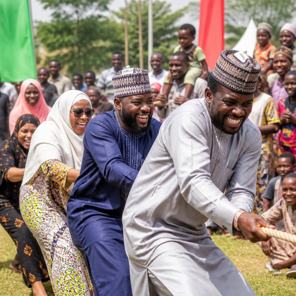 Families competing in a tug of war contest